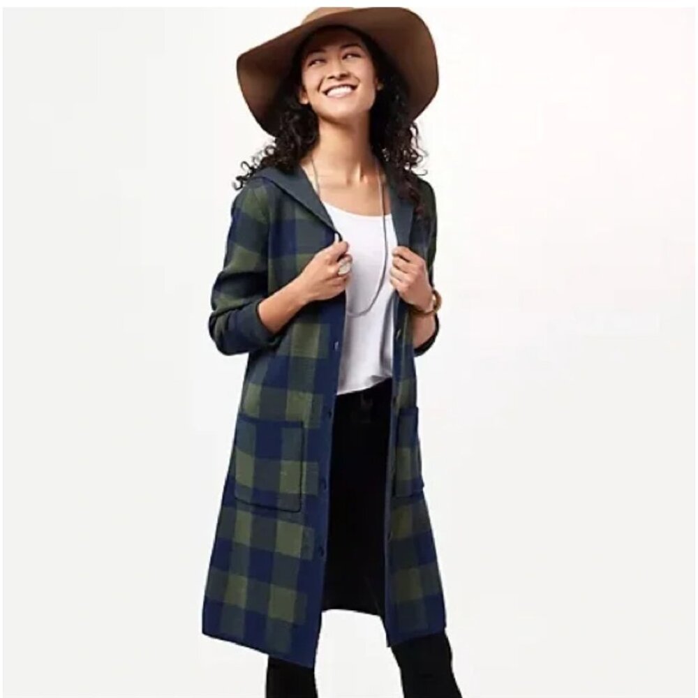 Denim & Co Hooded Jacquard Plaid Sweater Knit Cardigan